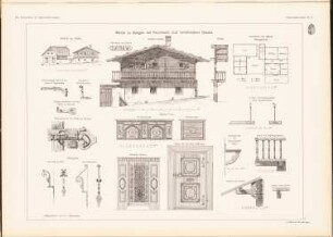 Mühle, Steegen: Grundriss, Ansicht, Vorderansicht, Fassadenschnitt vertikal, Details (aus: Das Bauernhaus in Österreich-Ungarn, hrsg.v. Ingenieur- und Architektenverein, 1906)