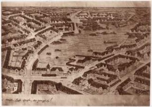 Wettbewerb Groß-Berlin 1910 Typ einer Kleinsiedlung Buckow-Rudow: Perspektivische Ansicht (Vogelschau)