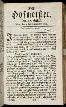 Das 27. Stück. Leipzig, den 4 des Heumonats 1752.