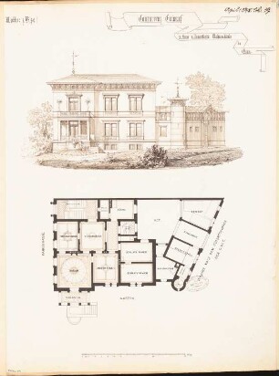 Villa, Gera Monatskonkurrenz April 1878: Grundriss Erdgeschoss, Aufriss Gartenansicht; Maßstabsleiste