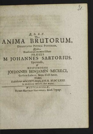 2: De Anima Brutorum, Dissertatio Physica ...