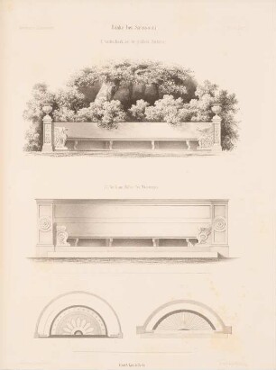 Bänke bei Sanssouci, Potsdam: Ansichten, Details (aus: Architektonisches Skizzenbuch, H. 9, 1853)
