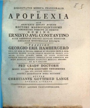 Dissertatio Medica Inavgvralis De Apoplexia
