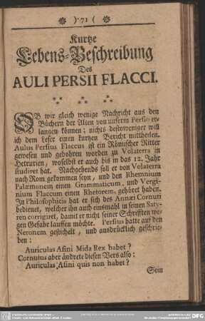 Kurtze Lebens-Beschreibung Des Auli Persii Flacci