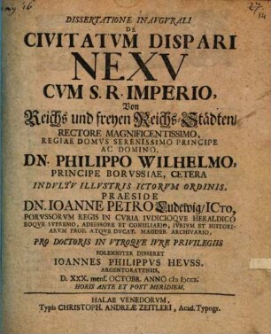 Dissertatione Inavgvrali De Civitatvm Dispari Nexv Cvm S. R. Imperio, Von Reichs und freyen Reichs-Städten