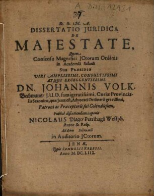 Dissertatio Iuridica De Maiestate