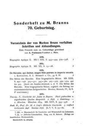 Verzeichnis der von Markus Brann verfassten Schriften und Abhandlungen / Aron Freimann