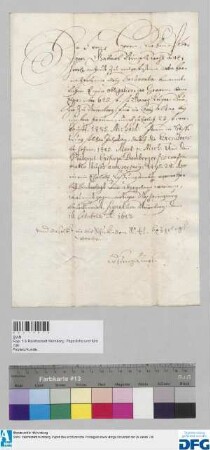 Das Losungamt zu Nürnberg bestätigt Gabriel Nützel, Kirchenpfleger, den Empfang von drei Urkunden aus den Jahren 1485 und 1495, die Georg Keiper'sche Stiftung für drei Altäre in der Frauenkirche betreffend.
