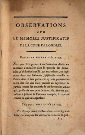 Observations sur le memoire jusificatif de la cour de Londres
