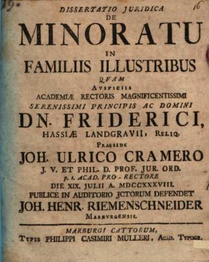 Diss. iur. de minoratu in familiis illustribus
