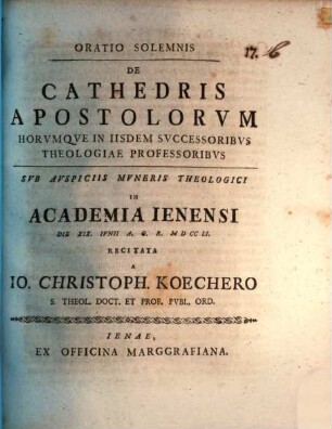 Oratio solemnis de cathedris apostolorum, horumque in iisdem successoribus, theologiae professoribus