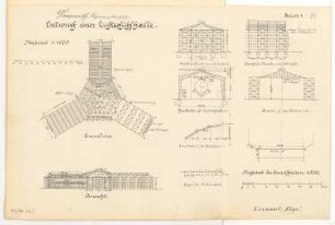 Luftschiffhalle Monatskonkurrenz März 1911: Grundriss 1:1000; Querschnitte Details 1:500; 2 Maßstabsleisten