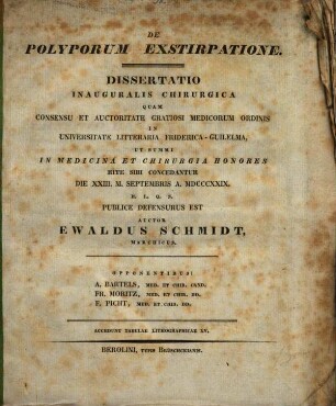 De polyporum exstirpatione : Diss. inaug. chir. ; cum tab. lith. XV.