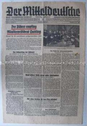 Regionale Tageszeitung "Der Mitteldeutsche" u.a. zu einem Treffen Hitlers mit dem norwegischen Ministerpräsidenten Quisling