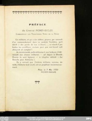 Préface du Général Pichot-Duclos Commandant les Territoires Nord de la Syrie