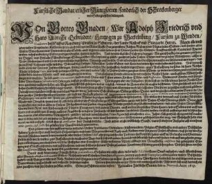 Fürstliche Mandat/ etlicher Müntzsorten/ sonderlich der Schreckenberger und Silbergrosschen belangend : Von Gottes Gnaden/ Wir Adolph Friedrich und Hans Albrecht Gebrüdere/ Hertzogen zu Meckelnburg/Fürsten zu Wenden/ Coadjutorn deß Stiffts Ratzeburg ... Fügen ... zu wissen ... ; Geben zu Schwerin ... den 24. Novemb. Anno 1619