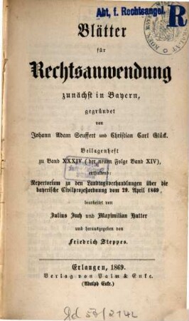 Dr. J. A. Seuffert's Blätter für Rechtsanwendung. 34,[a]. 1869