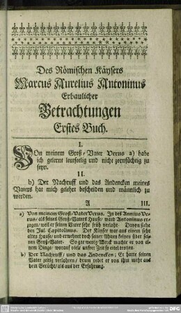 Des Römischen Käysers Marcus Aurelius Antoninus Erbaulicher Betrachtungen Erstes Buch