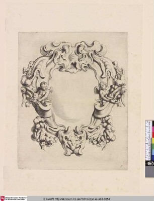 [Kartusche mit Masken und zwei Putti mit Fruchtgirlanden; Cartouche met kwabornament met twee putti]