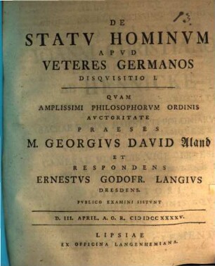 De Statv Hominvm Apvd Veteres Germanos Disqvisitio ..., 1