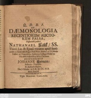 De Daemonologia Recentiorum Auctorum Falsa