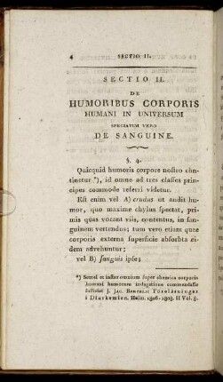 Sectio II. De Humoribus Corporis Humani in universum speciatim vero De Sanguine