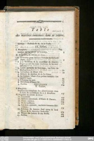 Table des matières contenues dans ce volume.