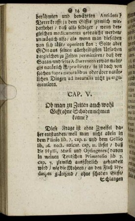 Cap. V. Ob man zu Zeiten auch wohl Gifft ohne Schaden nehmen könne?