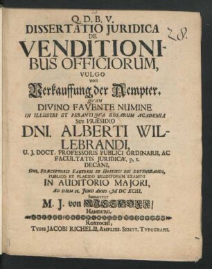Dissertatio Iuridica De Venditionibus Officiorum, Vulgo von Verkauffung der Aempter