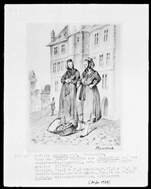 Oberhessische Bauerntrachten für den Verein für hessische Geschichte und Landeskunde — Frau und junges Mädchen aus Stausebach auf dem Wochenmarkt, Folio 18