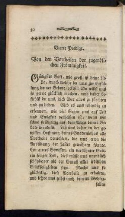 Vierte Predigt. Von den Vortheilen der jugendlichen Frömmigkeit.
