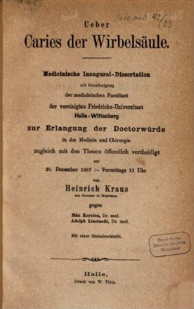 Ueber Caries der Wirbelsäule : Inaug. Diss.