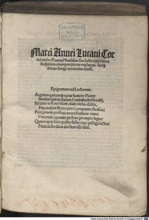 Marci Annaei Lucani Cordubensis Poetae Pharsaliae seu belli ciuilis libri