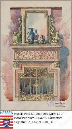 Frey, Wilhelm (* 1875) / Zeichnung eines Kamins mit Spiegel, Gitter und Fries