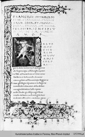 Triumph der Liebe: Folio mit Randbordüre und historisierter Initiale N, darin Amor - Petrarca, Il Canzoniere