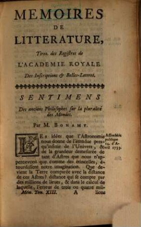 Mémoires de littérature tirez des registres de l'Académie Royale des Inscriptions et Belles Lettres : depuis ... jusq'à .... 13. 1741