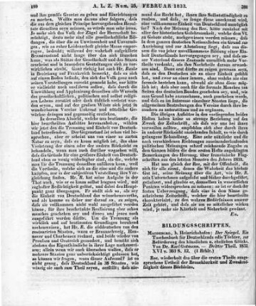Gutmann, K.: Der Spiegel. Ein Taschenbuch für Deutschlands edle Töchter, zur Beförderung des häuslichen und ehelichen Glücks. T. 3. Magdeburg: Heinrichshofen 1832