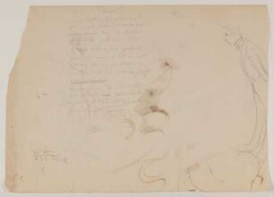 Skizzenblatt: Sich nach vorn neigende, männliche Figur; Gedicht "Brief" [aus einer Mappe mit Skizzenblättern von Gisela von Arnim und Herman Grimm]