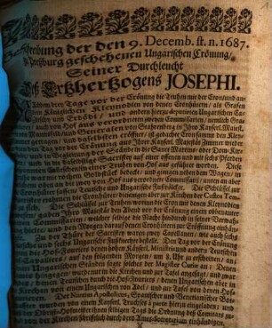 Beschreibung der den 9. Decemb. st. n. 1687. zu Preßburg geschehenen Ungarischen Crönung, Seiner Durchleucht Deß Ertzhertzogens Josephi