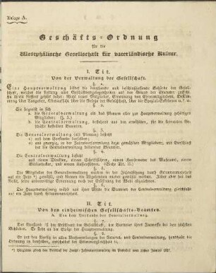 Anlage A. Geschäfts-Ordnung für die Westphälische Gesellschaft für vaterländische Kultur.