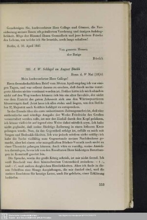 August Wilhelm von Schlegel an August Böckh, Bonn, 09.05.1841