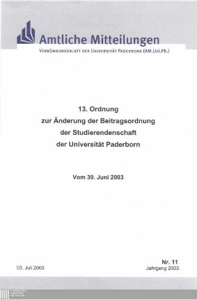13. Ordnung zur Änderung der Beitragsordnung der Studierendenschaft der Universität Paderborn : Vom 30. Juni 2003