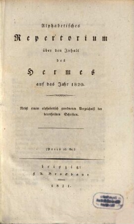 Hermes oder kritisches Jahrbuch der Literatur. 1820, Register