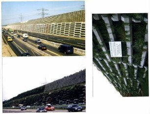 Lärmschutz-Steilwall "Sandweier" BETEX-Gründwand und EVERGREEN-Raumgitterwand. Lärmschutzsteilwall mit provisorischer Verkehrsführung und Begrünung.