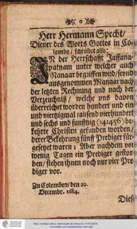 Herr Hermann Specht/ Diener des Worts Gottes in Colombo / schreibet also: