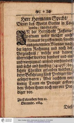 Herr Hermann Specht/ Diener des Worts Gottes in Colombo / schreibet also: