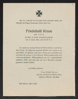 Brief von Käthe Kruse, Maria Kruse, Sofie Kruse, Johanna Kruse, Michael Kruse und Max Kruse an Gerhart Hauptmann und Margarete Hauptmann