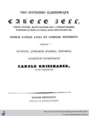 Viro doctissimo clarissimoque Carolo Zell ...