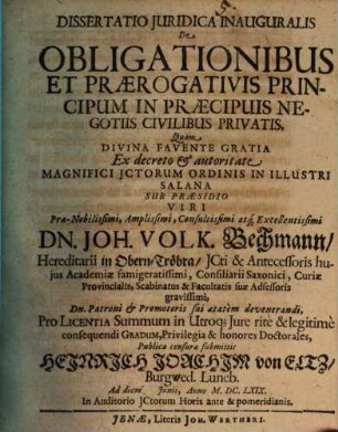 Diss. iur. inaug. de obligationibus et praerogativis principum in praecipuis negotiis civilibus privatis