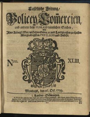 Nro. XLIII, Montags den 26. Oct. 1739